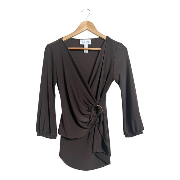 Joseph Ribkoff Women’s Brown Wrap 3/4 Sleeve Blouse Size 4 Dressy Drapey - Picture 1 of 8